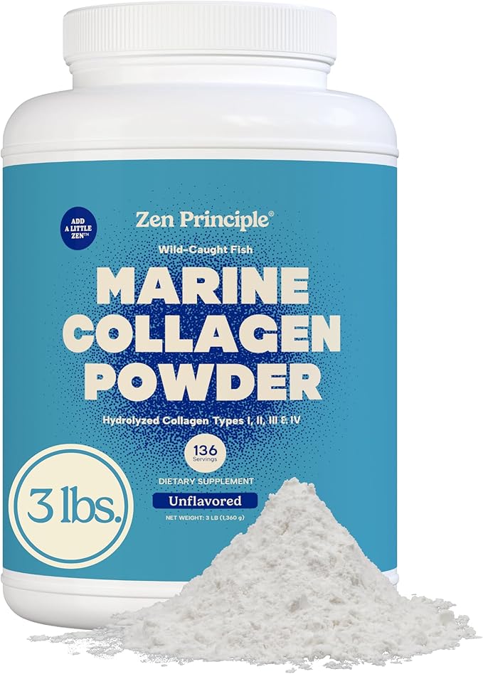 Zen Principle Marine Collagen Peptides Powder 3lb. Wild-Caught Fish Non-GMO. Supports Healthy Skin Hair Joints and Bones. Hydrolyzed Type 1 &amp 3 Protein. Amino Acids Unflavored Easy to Mix.