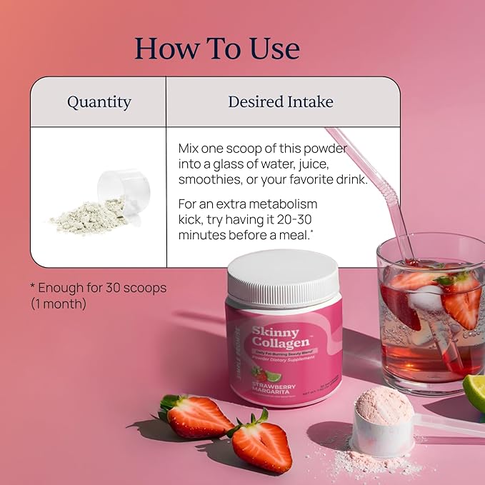Skinny Collagen Weight Loss Supplement - Hydrolyzed Multi-Collagen Peptides Powder Drink - Types I II III V X - Supports Fat Burning &amp Weight Goals For Women - 30 Servings - Strawberry Margari