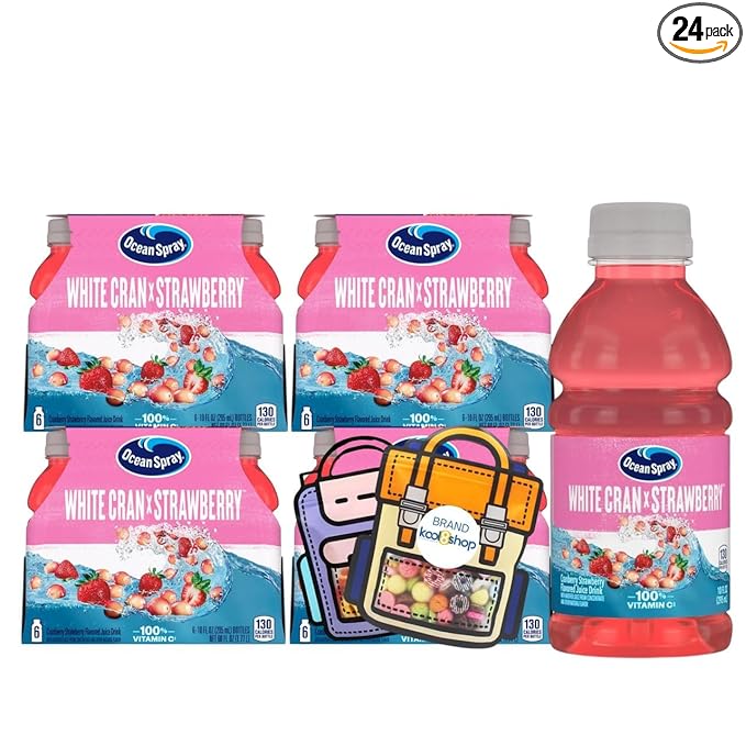 Ocean Spray White Cran Strawberry Fruit Juice Drink 10 fl oz Plastic Bottles 24 Pack + 2 Reusable Snack Bags by KOOL8SHOP Infinite Deals