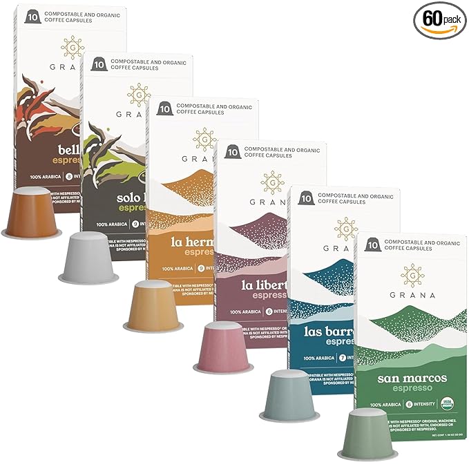 G GRANA Coffee Pods Compatible with Nespresso OriginalLine 60 Count Medium and Dark Roast Espresso USDA Organic 100% Arabica Single Source Specialty Coffee Compostable Capsules Variety Pack
