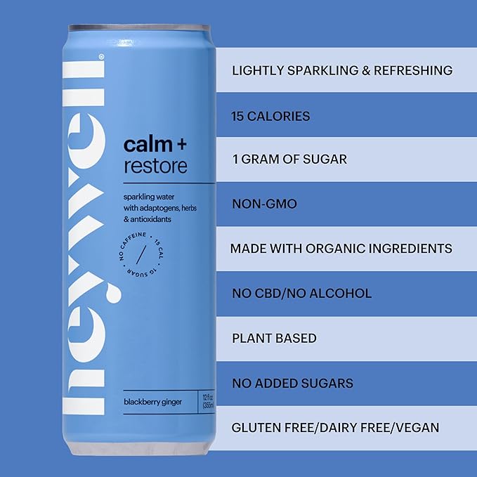 Heywell Sparkling Adaptogenic Water Calm and Restore Blackberry Ginger Flavor 12 Fluid Ounce (Pack of 12) - Non Caffeinated Organic Non GMO Vegan Gluten Free Dairy Free