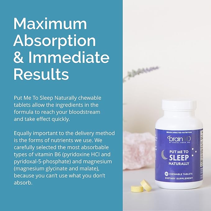 BRAINMD Dr Amen Put Me To Sleep Naturally - 90 Chewable Tablets - with Melatonin L-Theanine Magnesium GABA Vitamin B6 &amp 5-HTP - Gluten Free - 45 Servings
