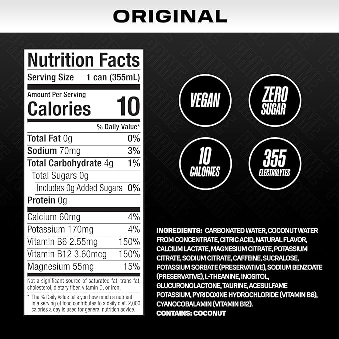 PRIME Energy ORIGINAL Zero Sugar Energy Drink Preworkout Energy 200mg Caffeine with 355mg of Electrolytes and Coconut Water for Hydration| Vegan Gluten Free 12 Fluid Ounce |24 Pack