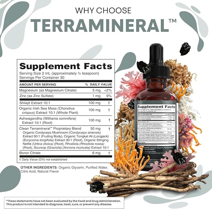 Clean Nutraceuticals Shilajit Liquid Drops with Sea Moss Ashwagandha Zinc Magnesium Liquid Vitamins for Women and Men - Terra Mineral