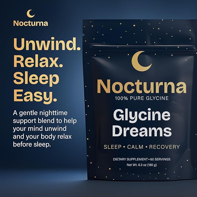 Nocturna Glycine Supplement – 100% Pure 3g Glycine Powder for Sleep Calm &amp Recovery – USA Made Sleep Aid for Men &amp Women – Non-GMO &amp Completely Natural - 6.3Oz for 60 Servings
