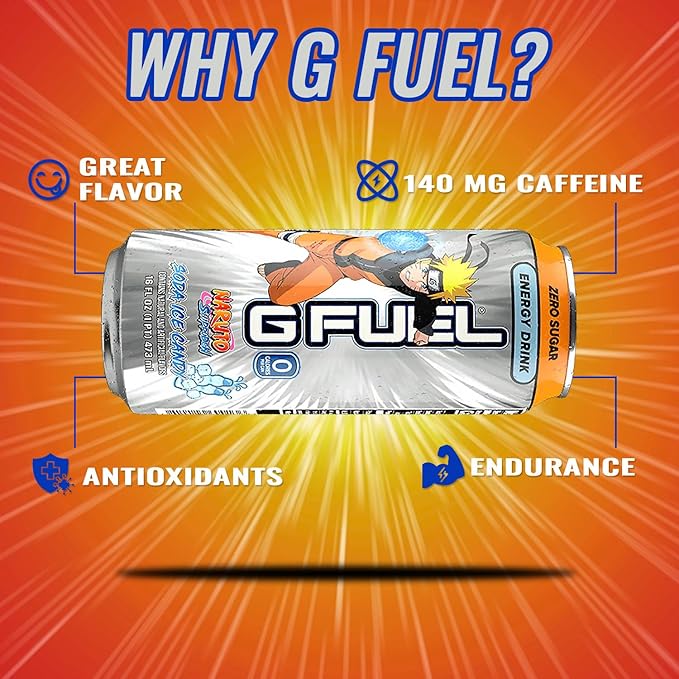 G Fuel Energy Drink Lemon Lime Slushie Sugar Free Beverage with 140mg Caffeine Daily Energy Boost with Focus Amino Vitamin + Antioxidants 16 oz Cans (Naruto Shippuden 12-Pack)