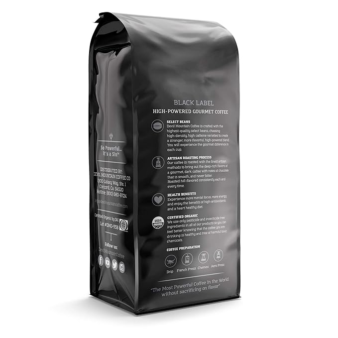 Devil Mountain Coffee Black Label Dark Roast Ground Coffee Strong High Caffeine Coffee Grounds USDA Organic Fair Trade Gourmet Artisan Roasted Strongest Coffee in the World 80 oz Bag