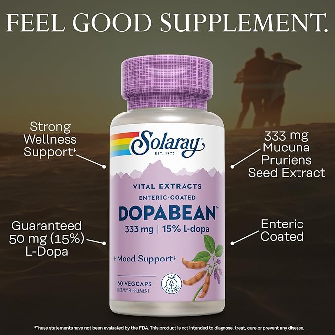 SOLARAY Dopabean 333mg - Mucuna Pruriens L-Dopa - Wellness Support Supplement - Velvet Beans Seed Extract with 15% L Dopa Plus Alpha Galactosidase - Enteric Coated 60-Day Guarantee - 60 Servings