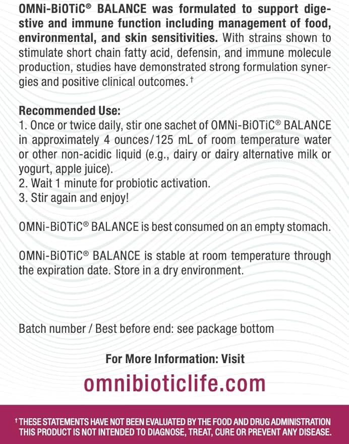 OMNi BiOTiC Balance Probiotic Immune Support - Bifidobacterium &amp Lactobacillus - Hypoallergenic - Immune Booster Supplement for Men and Women - Non-GMO (28 Daily Packets)