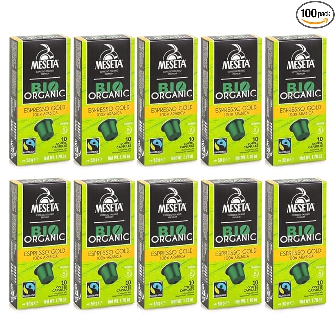 Nespresso Compatible Meseta Coffee Capsules . 100 Capsules of Gourmet Organic(European certified) 100% Arabica Coffee Espresso Compatible with Nespresso Machine
