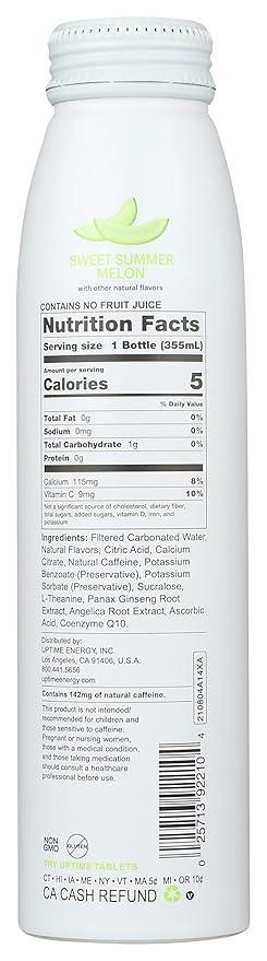 Uptime Sweet Summer Melon Energy Drink with Other Natural Flavors Natural Caffeine Sugar Free Gluten Free &amp Non-GMO 12 Fluid Ounce (Pack of 12)