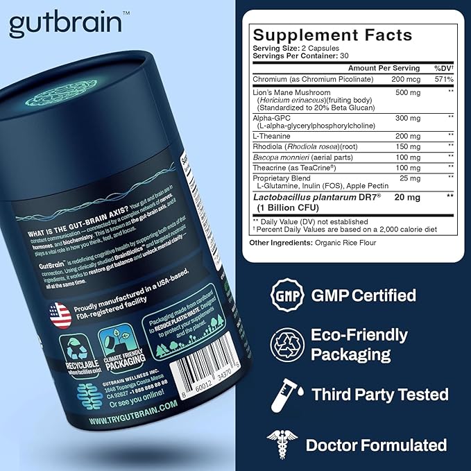 Brain Supplement for Memory and Focus with Probiotics Advanced 2 in 1 Nootropic Brain Support for Mental Clarity Caffeine Free Doctor Formulated Supplement 60 Capsules