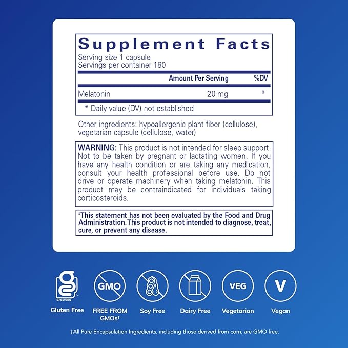Pure Encapsulations Melatonin 20 mg - Not Intended for Sleep Support - for Immune System &amp Healthy Cells - 99.5% Purity Melatonin - Gluten Free &amp Non-GMO - 180 Capsules