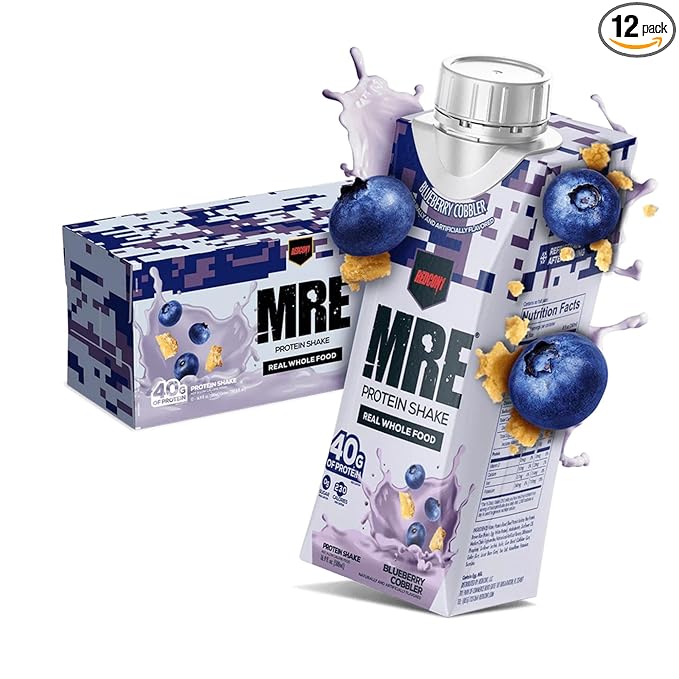REDCON1 MRE Ready to Drink Protein Shakes Blueberry Cobbler - Lactose + Whey Free RTD Protein Made with Real Whole Food Protein Blends - Keto-Friendly and Easy to Digest Nutritional Shake (12 Pack)