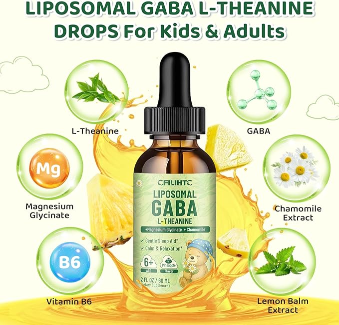 Liposomal GABA L-Theanine Drops for Kids - Liquid GABA Supplement with Magnesium Chamomile Lemon Balm &amp Vitamin B6 - Support Relaxation Focus &amp Stress Relief for Kids &amp Adults - Pineapp