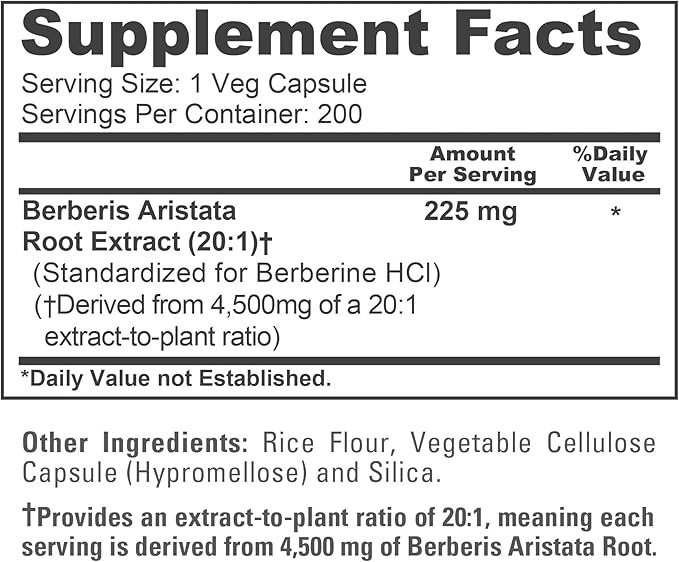 NusaPure Berberine HCI 20:1 Extract 225 mg Equivalent to 4500mg - 200 Veggie Caps - (Vegetarian Non-GMO Vegan)