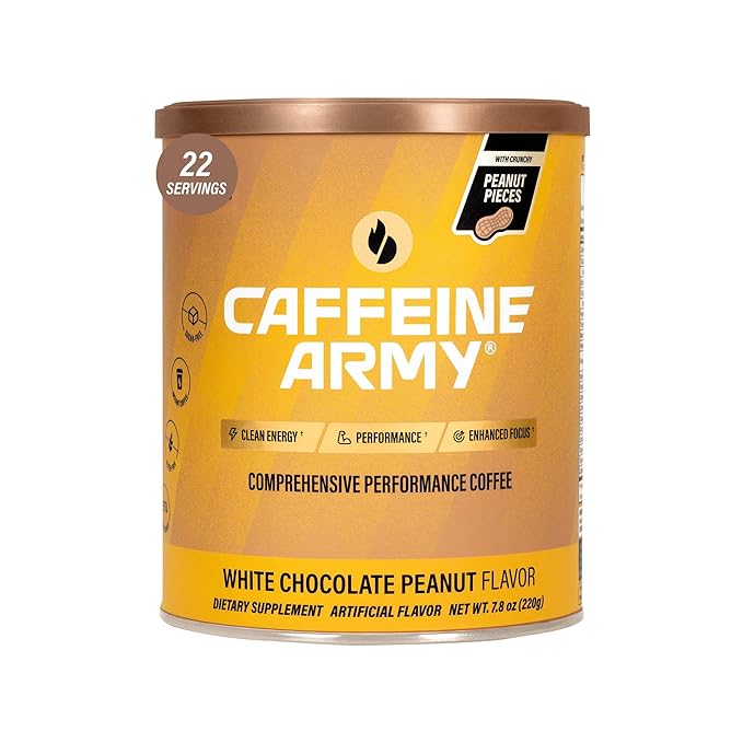 CAFFEINE ARMY White Chocolate Peanut | Functional Coffee with Collagen Peptides MCTs CoQ10 and Adaptogens: Clean Energy Supports Daily Attention No Jitters or Crash (7.8 oz 22 Servings)