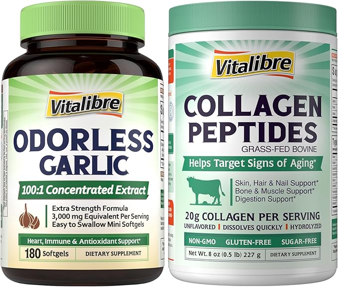 Odorless Garlic Extra Strength 100:1 Extract Heart &amp Immunity Antioxidant Defense 180 Softgels and Bovine Collagen Peptides Powder for Women and Men 8oz