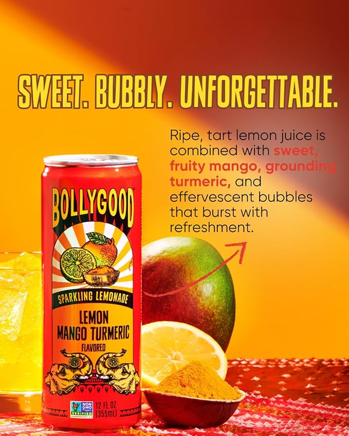 Bollygood Sparkling Lemonade Lemon Mango Turmeric Indian Inspired Beverage Nimbu Pani No Artifical Colors or Flavors Non-GMO Project Verified 12 FL OZ Cans (Pack of 12)