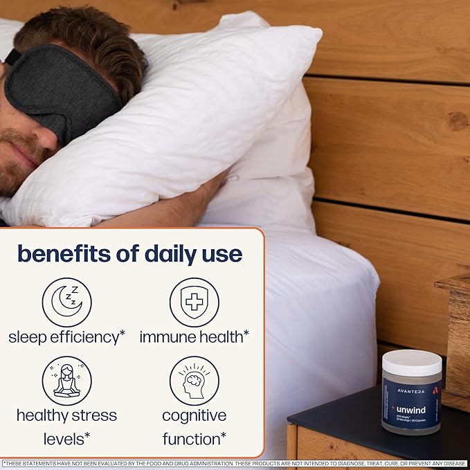Avantera Unwind - Stress and Sleep Supplement for Adults - Support Healthy Stress Levels &amp Improve Sleep Efficiency - Magnesium Melatonin Ashwagandha &amp More - 56 Vegan Capsules