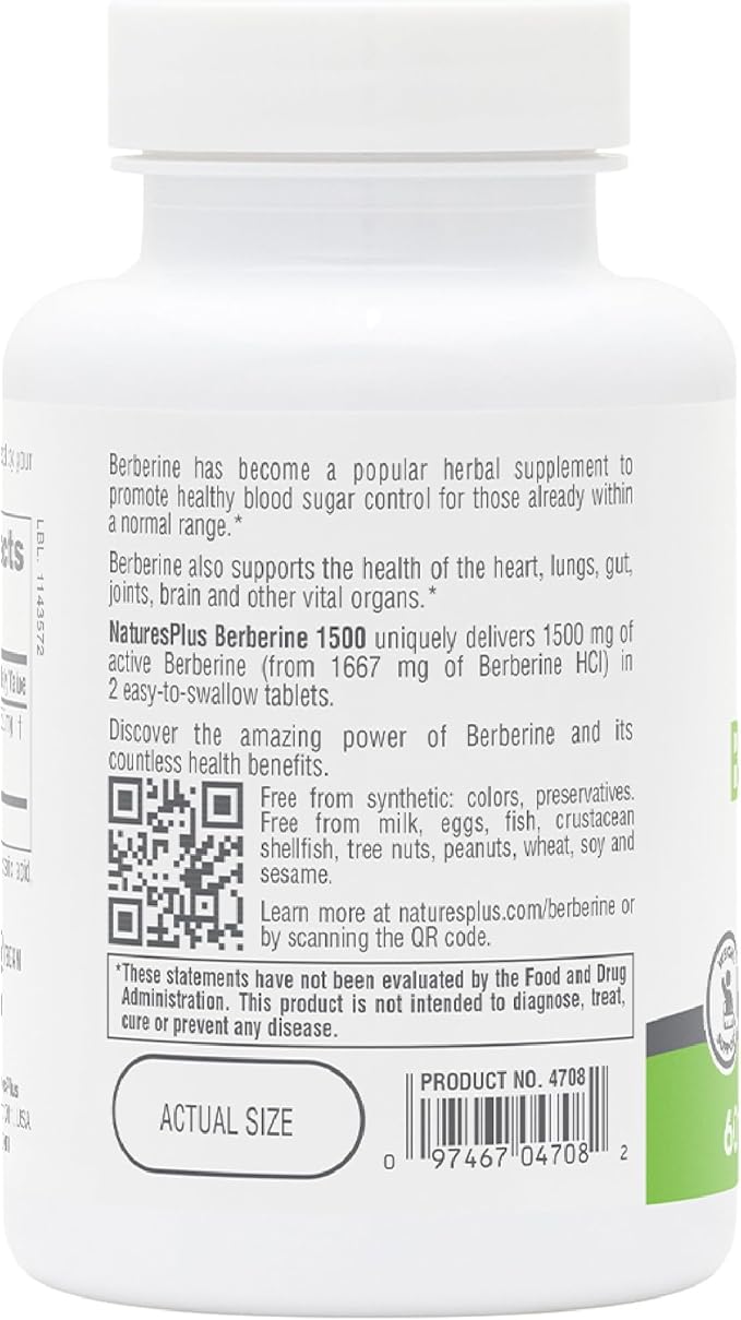 NaturesPlus PRO Berberine 1500 mg - 60 Tablets - Supports Healthy Metabolism - Non-GMO Vegan &amp Gluten Free - 30 Servings