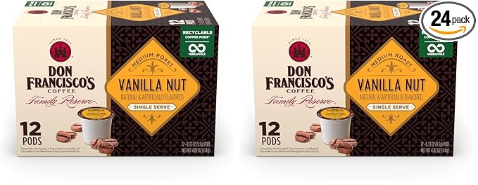Don Francisco's Vanilla Nut Flavored Coffee - 12 K-Cup Compatible Single-Serve Pods - 100% Arabica Single-Serve Smooth Rich Flavor and Nutty Notes - Compatible with Keurig Brewers (Pack of 2)