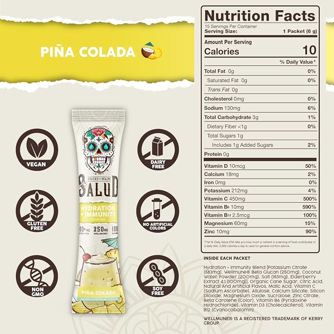 Salud 2-in-1 Hydration Packets + Immunity Electrolytes Powder Piña Colada - Agua Fresca Drink Mix Elderberry Dairy &amp Soy Free Non-GMO Gluten Free Vegan Low Calorie 1g Sugar (15 Servings)