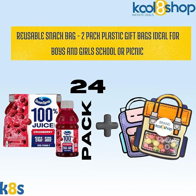 Ocean Spray 100% Cranberry Fruit Juice Drink 10 fl oz Plastic Bottles 24 Pack + 2 Reusable Snack Bags by KOOL8SHOP Infinite Deals