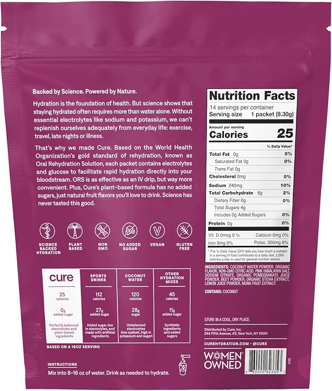 Cure Hydration Electrolyte Mix | Electrolyte Powder for Dehydration Relief | Made with Coconut Water | No Added Sugar | Vegan | Paleo Friendly | Grapefruit + Berry Pomegranate Bundle | 28 Packets