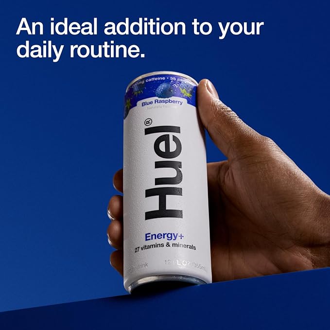 Huel Energy+ | Blue Raspberry Energy Drink | Refreshing Plant-Based Drink with Real Fruit | 200mg of Caffeine and 27 Vitamins &amp Minerals | 35 Calories per 12 FL Oz 12 Pack
