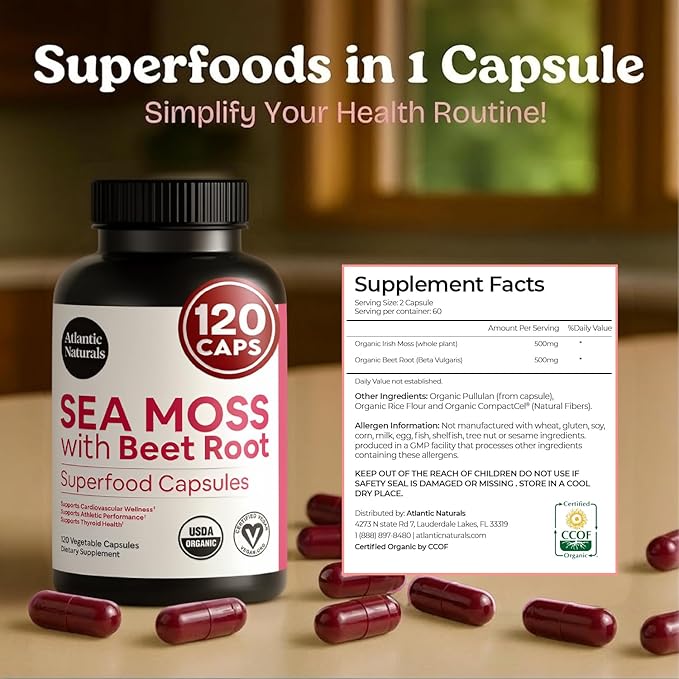 Atlantic Naturals Sea Moss with Beet Root Capsules - Premium Quality Multivitamin Supplement - Sea Moss Superfood to Support Immune Health Blood Flow Joint Health &amp Athletic Performance - 120 ct