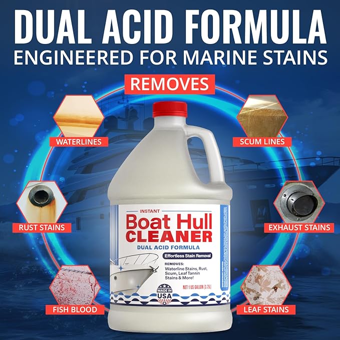 [1 Galllon] Instant Boat Hull Cleaner - Made in USA - Powerful Dual Acid Formula Easily Removes Scum Lines Rust Stains Hard Waterlines &amp More from Fiberglass Gelcoat &amp Painted Boat Surface