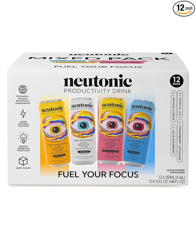 Neutonic Nootropic Productivity Energy Drink | Variety Pack 12 Cans | 120mg Natural Caffeine Zero Sugar | Support Memory Mental Clarity Cognitive Function | Boost Focus Energy Brain Health