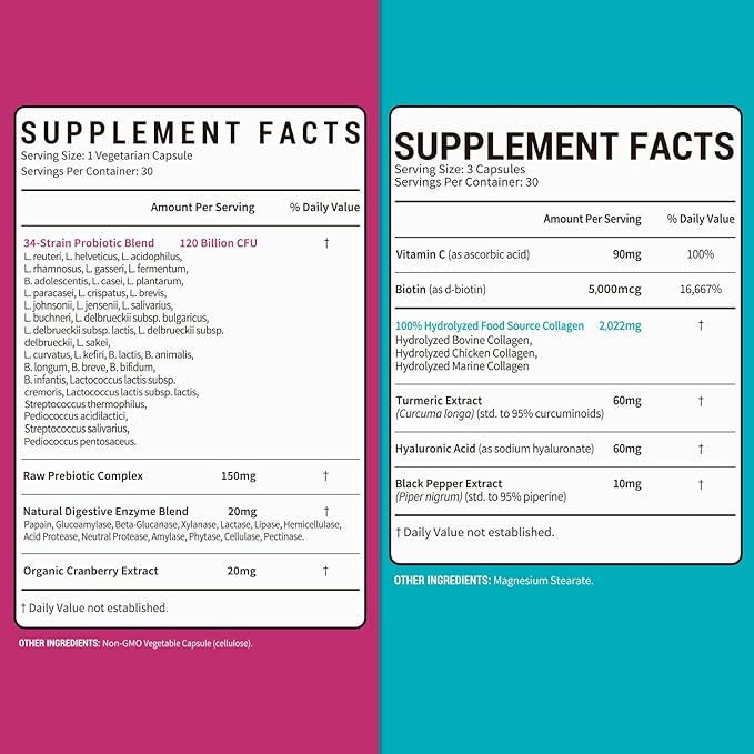 Probiotic + Collagen Bundle 4-in-1 Feminine Probiotic (30ct) &amp 6-in-1 Super Collagen (90ct) 2 Packs Cranberry Digestive &amp Healthy Aging Support Non-GMO