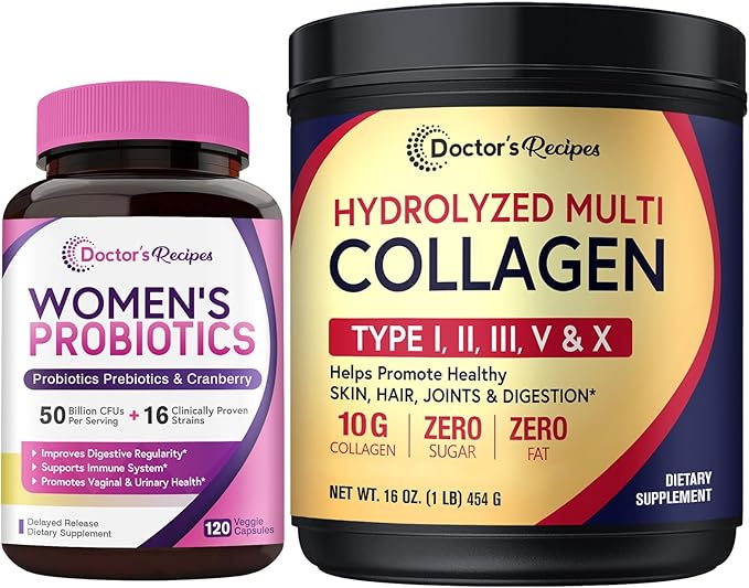 Doctor's Recipes Multi Collagen Peptides Powder 16oz and Women’s Probiotic 120 Caps