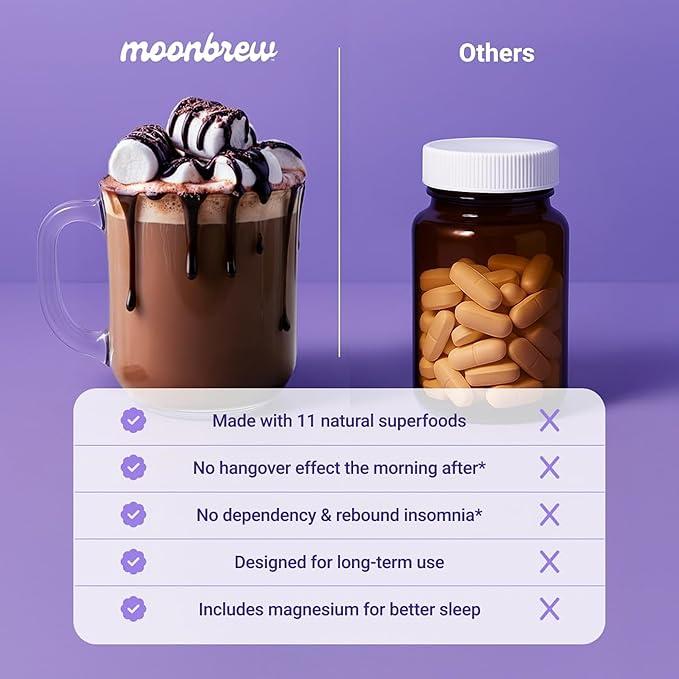 MoonBrew Nighttime Magnesium Hot Cocoa Jar Natural Sleep Aid Drink Mix for Adults - Calming Melatonin-Free Sleep Support - Sleepy Hot Chocolate Powder with L-Theanine Chamomile &amp Zinc Glycinate