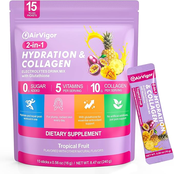Electrolyte Collagen Powder Packets 10g Collagen Protein Drink Mix for Hydration Recovery Zero Sugar 2-in-1 Post Workout Rehydration Joint Skin Muscle Support 5 Vitamins Tropical Fruit