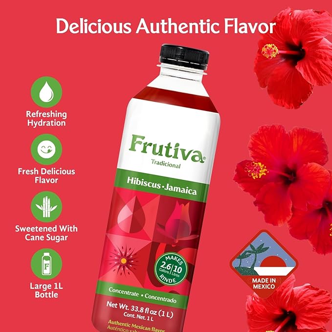 Frutiva Authentic Hibiscus Drink Mix | Aguas Frescas Concentrate Makes 2.6 Gallons Per Bottle | Made in Mexico with Cane Sugar | Sabores |No High Fructose Corn Syrup | Perfect for Drinks Desserts &am