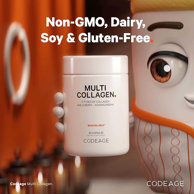 Codeage Multi Collagen Peptides Protein Capsules 5 Collagen Types Grass-Fed &amp Hydrolyzed Bovine Collagen Pills Supplement Ashwagandha Amla Berry Vitamins Collagen Peptides - 90 Capsules