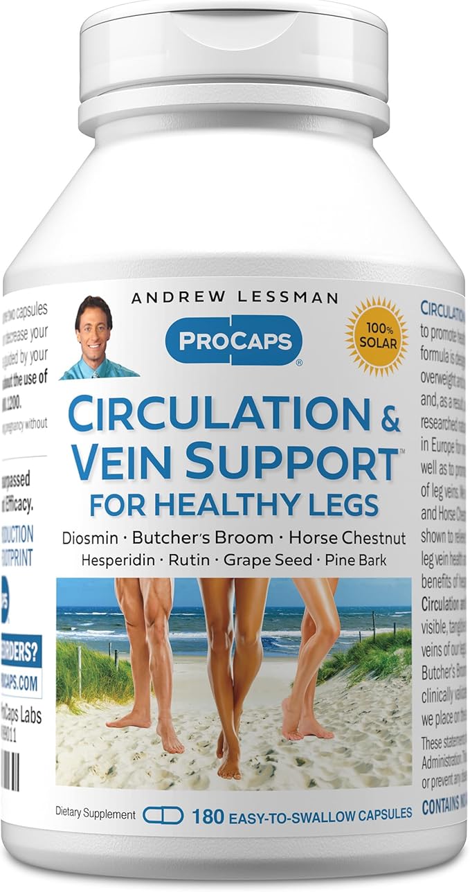 ANDREW LESSMAN Circulation Vein Support for Healthy Legs 180 Capsules - High Bioactivity Diosmin Butcher's Broom Visibly Reduces Swelling and Discomfort in Feet Ankles Calves Legs