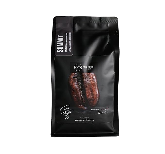 PURE EARTH COFFEE CO. Whole Bean Coffee Summit Signature Blend Medium Espresso Roast Dark Chocolate Berry Creamy Brown Sugar 12oz