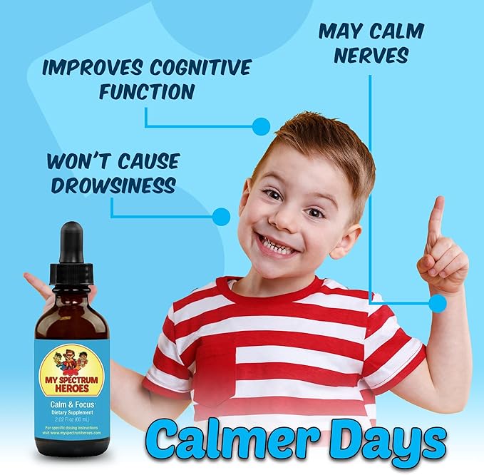 My Spectrum Heroes Calm &amp Focus Supplement Drops - Brain Support with L-theanine GABA Huperzine A - Enhance Focus for Kids or Adults - Boost Concentration for Kids &amp Teens - 2.02 FL oz. (60