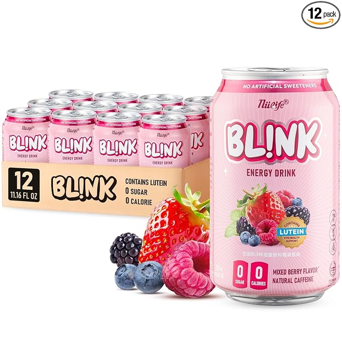 NÜLIFE BL!NK Zero Sugar Sparkling Energy Drink 96mg Natural Caffeine Contains Lutein Clean Energy Drink No Artificial Sweetener Mixed Berry 11.16 Fl Oz (Pack of 12)