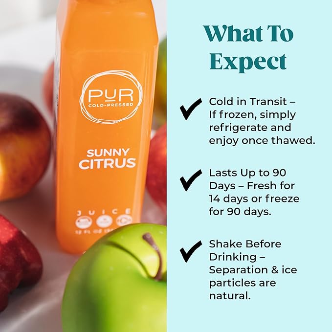 PUR Cold Pressed Daily Juice Kit | Cold-Pressed Juice for Cleanse Hydration &amp Digestion | 6-Pack of Sunny Citrus | Electrolytes &amp Antioxidants (12 fl oz - 18 Pack Sunny Citrus)