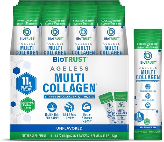 BioTrust Ageless Multi Collagen Peptides Powder – Types I II III V X – Unflavored Collagen Powder for Women &amp Men – Hydrolyzed Protein– Grass Fed Beef Fish Chicken Eggshell Membrane(16 pack