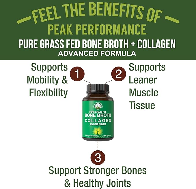 Peak Performance Bone Broth Collagen Capsules - 180 Pills of Grass Fed Bone Broth Collagen Protein Peptides - Contains All 3 Types 1 2 and 3 - Pure Pasture Raised Paleo Friendly for Women &amp Men