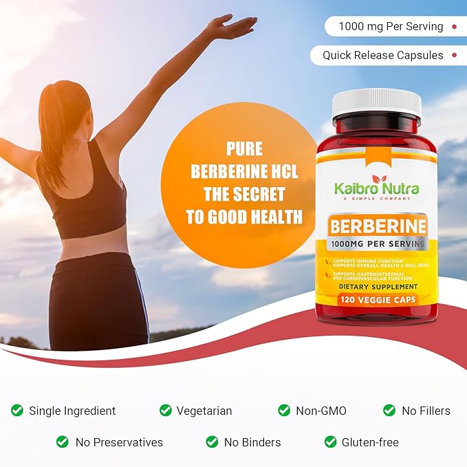 Kaibro Nutra Berberine Supplement 1000mg Berberine HCL for Immune System Glucose Support Circulatory &amp Gastrointestinal Health Vegan &amp Gluten-Free 120 Capsules
