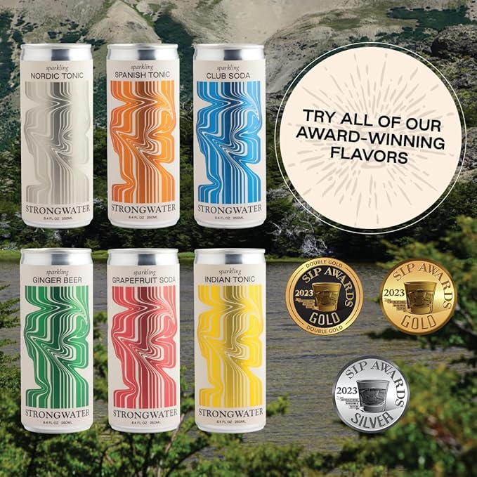 Strongwater Tonic Water Variety Pack (Pack of 12 8.4 Fl Oz Each) - Includes Nordic Tonic Indian &amp Spanish Tonic - Premium Craft Cocktail Mixers Sampler