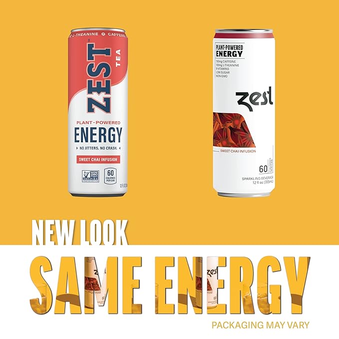 Zest Clean Energy Drink – Sweet Chai Infusion – 150mg Caffeine + 100mg L-Theanine – Natural Focus &amp Concentration Boost – Healthy Energy Drink 12oz Can 12 Pack – Low Sugar No Artificial Sweetener
