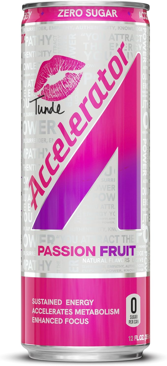 Accelerator Energy Drink Passion Fruit 12oz can (12 pack) Zero Sugar Sustained Energy from 100% Natural Caffeine (200mg from Green Coffee Bean &amp Green Tea extract)